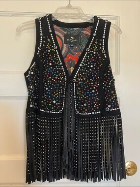 Etro Black Suede Fringe Vest with Multicolor Studs